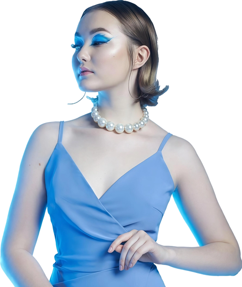 Portrait woman with bright colored eyes all shades purple blue short hair beautiful lips makeup blue shadow eyelids sexy girl with short hair professional makeup